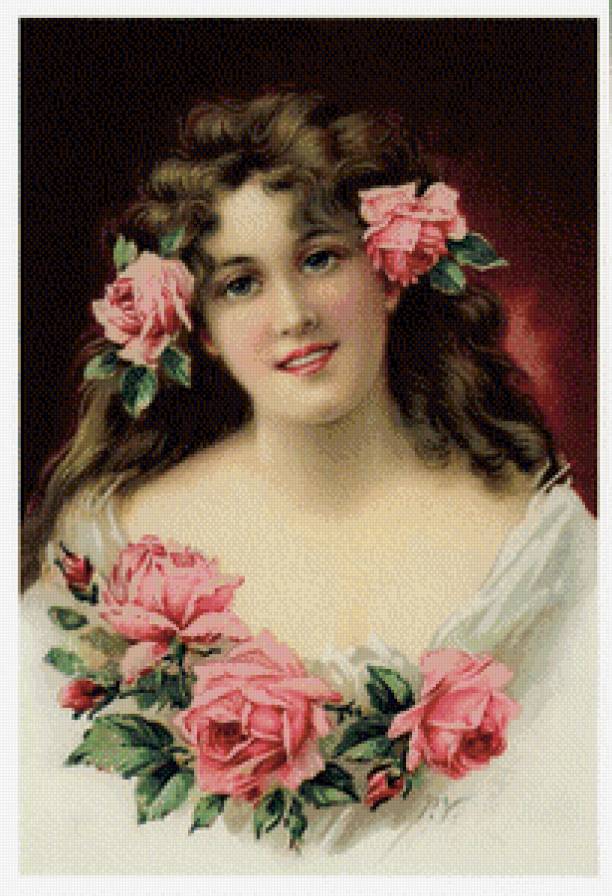 Девушка-ретро - розы, дама, красавица, цветы, девушка - предпросмотр