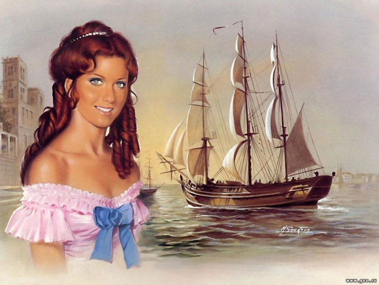 Девушка и парусник - девушка, красавица, пейзаж, море, корабль - оригинал