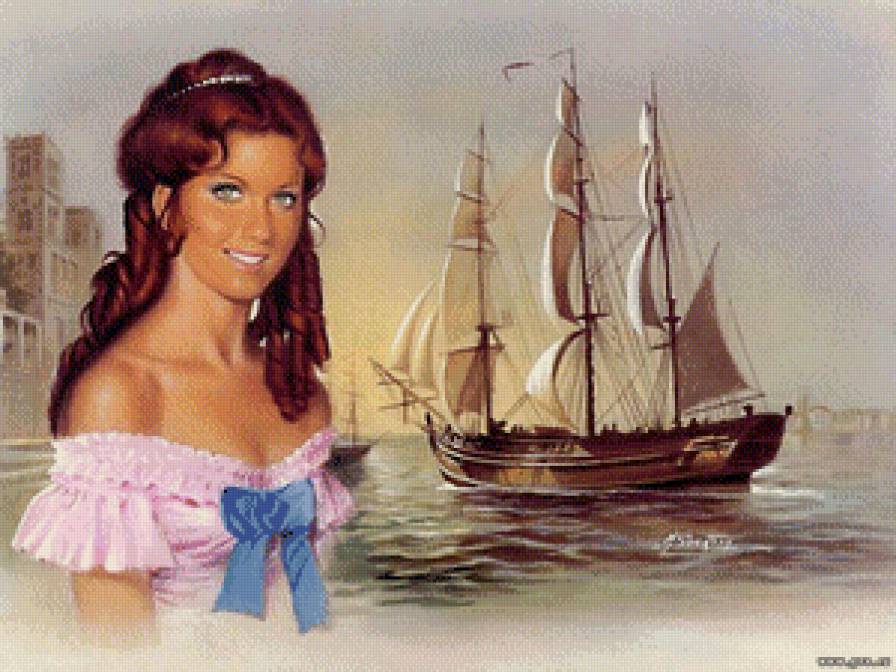 Девушка и парусник - девушка, море, пейзаж, корабль, красавица - предпросмотр