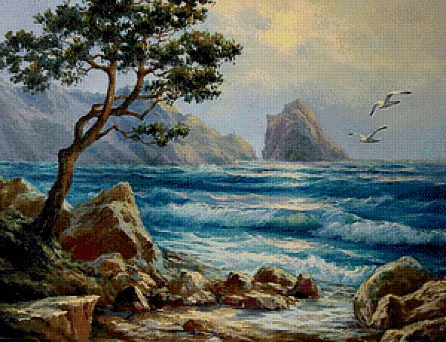 Крымский вид - скалы, чайки, крым, море, пейзаж - предпросмотр