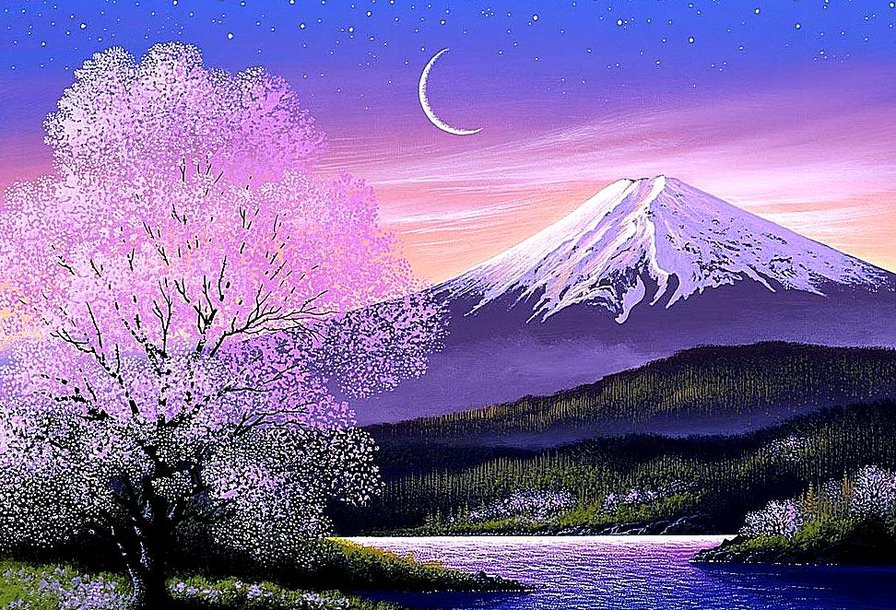 Фудзияма - месяц, пейзаж.япония, сакура, гора - оригинал