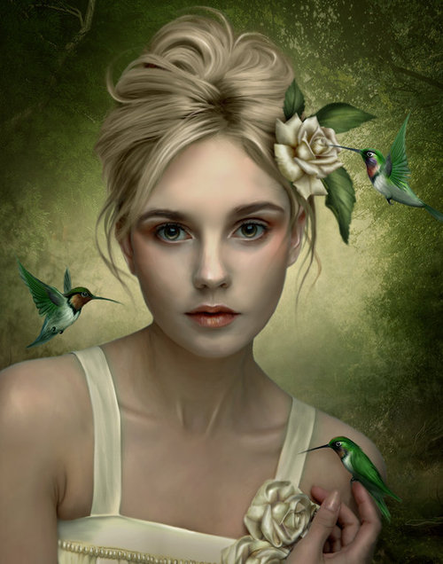 девушка и колибри - картина фэнтэзи - оригинал