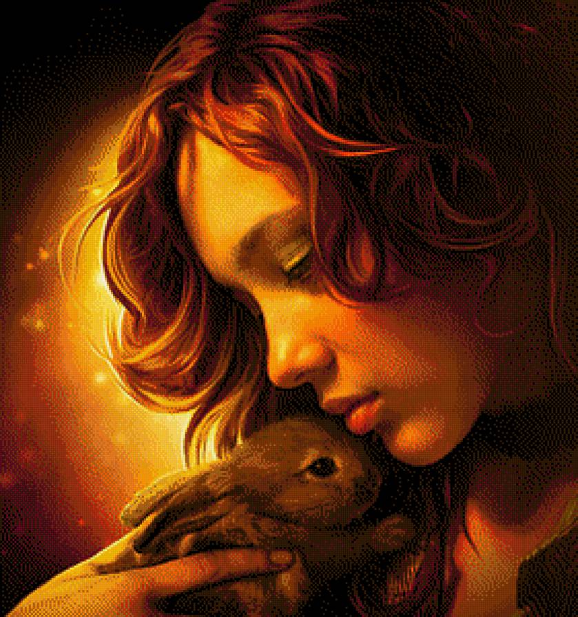 девушка с зайчиком - картина фэнтэзи - предпросмотр