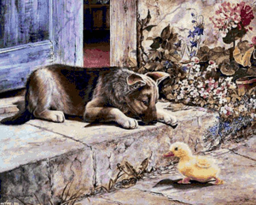 Встреча - собаки, утята, животные, картины - предпросмотр