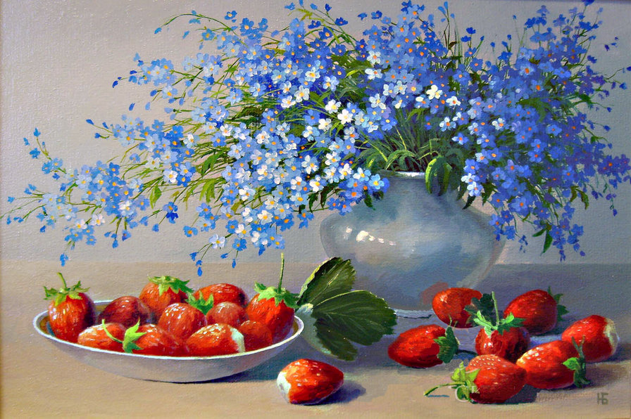 Незабудки с клубникой - натюрморт, цветы, фрукты - оригинал