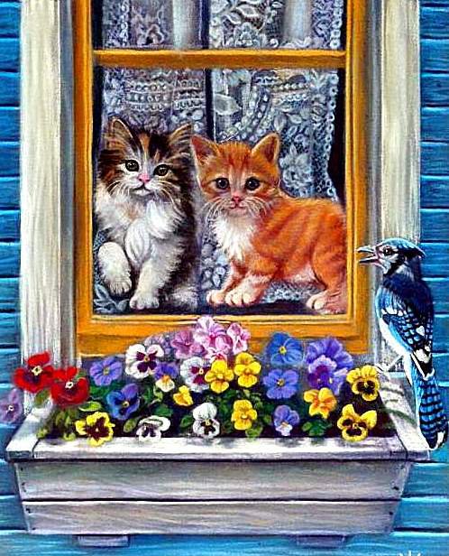 У окошка - животные, кошки, собаки, птички - оригинал