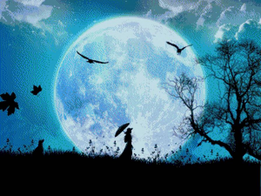 лунная ночь 2 - люди, женщина, собака, луна, ночь - предпросмотр