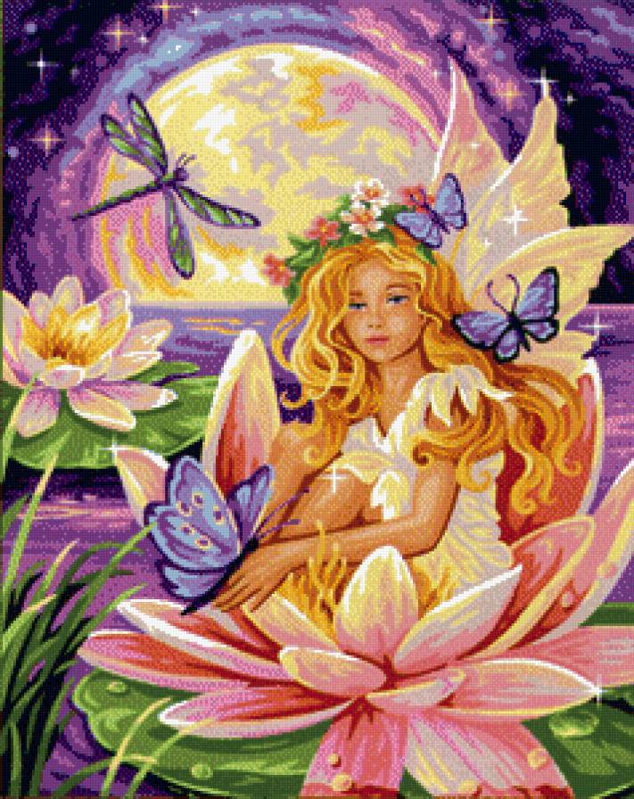 Фея бабочек - цветы, фэнтези, девушка, лотосы, бабочки - предпросмотр