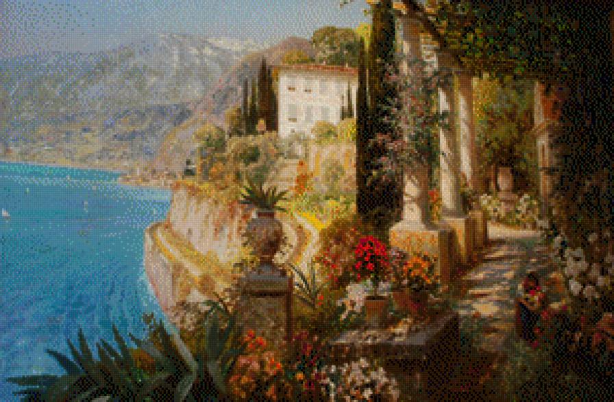 морской пейзаж - море, городок, горы - предпросмотр