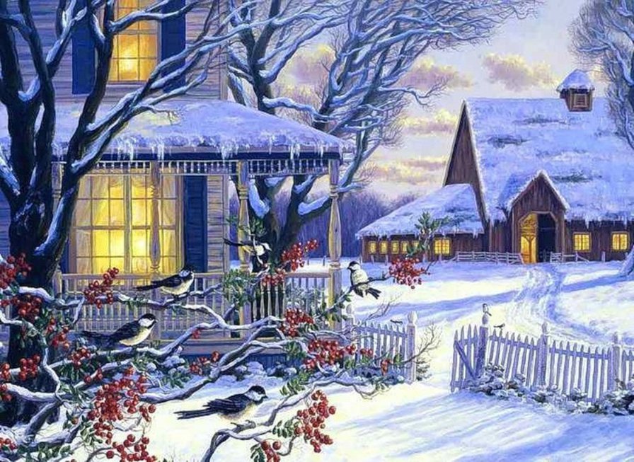 зима - снег, птички, дом, зима - оригинал