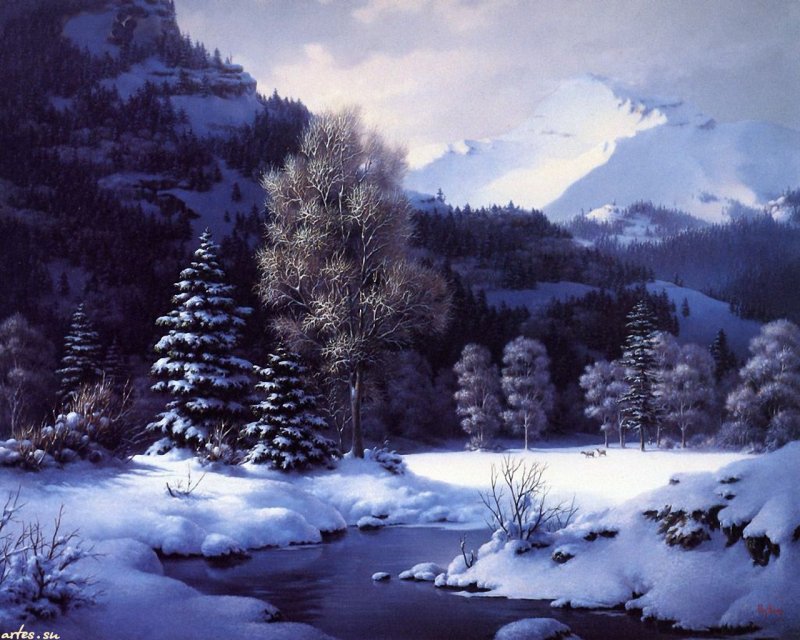 зимний пейзаж - лес, зима, снег, горы - оригинал