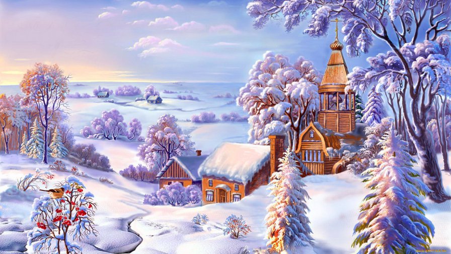 зима - домики, зима, церковь, снег - оригинал