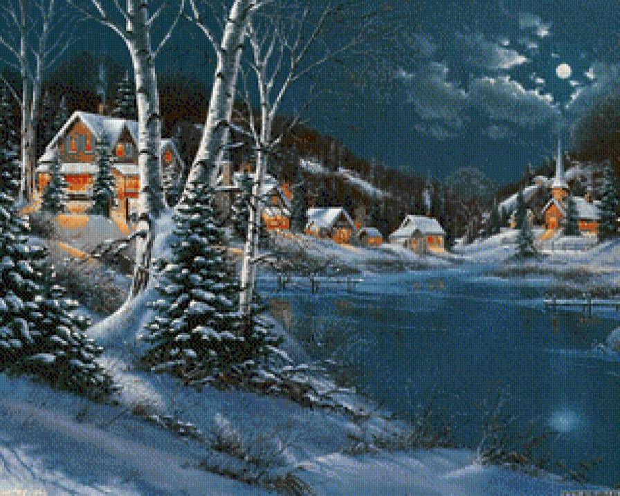 зимняя ночь - дом, река, луна, снег, ночь, зима - предпросмотр