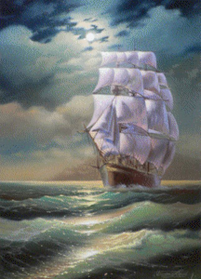 в ночном море - корабль, море - предпросмотр