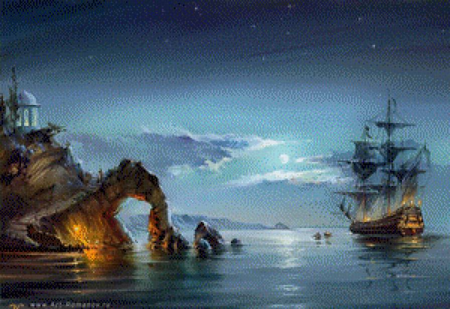 ночь у острова - ночь, море, остров, корабль - предпросмотр