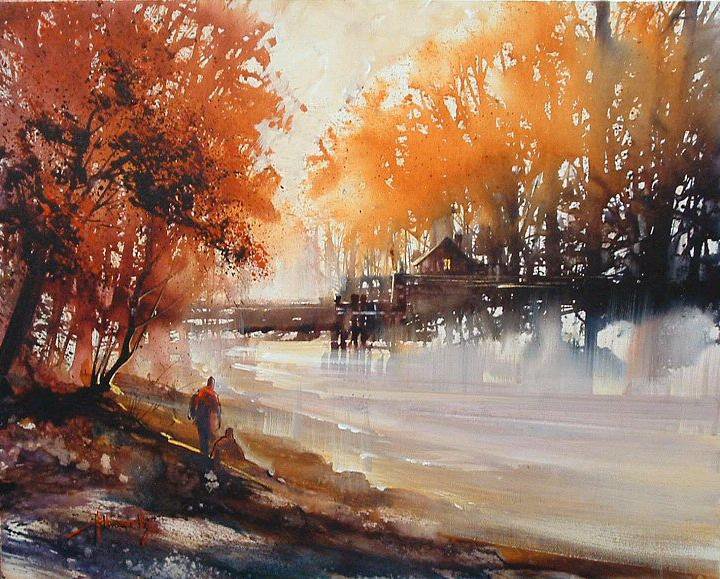 осень на реке - осень, река, рейзаж, акварель, природа, живопись - оригинал