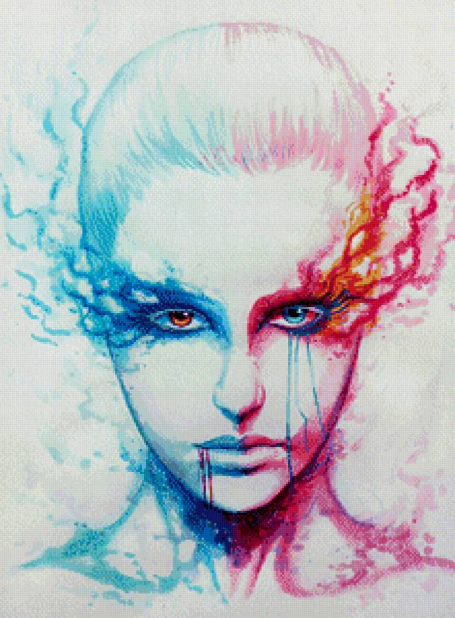 лед и огонь - девушка, инь янь, акварель, портрет - предпросмотр