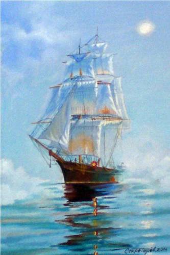 корабль в тумане - картина акварель - оригинал