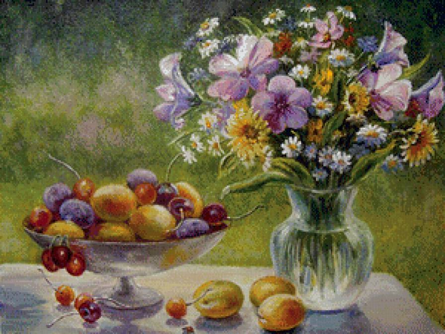 Букет с фруктами - натюрморт, ваза, цветы, букет - предпросмотр