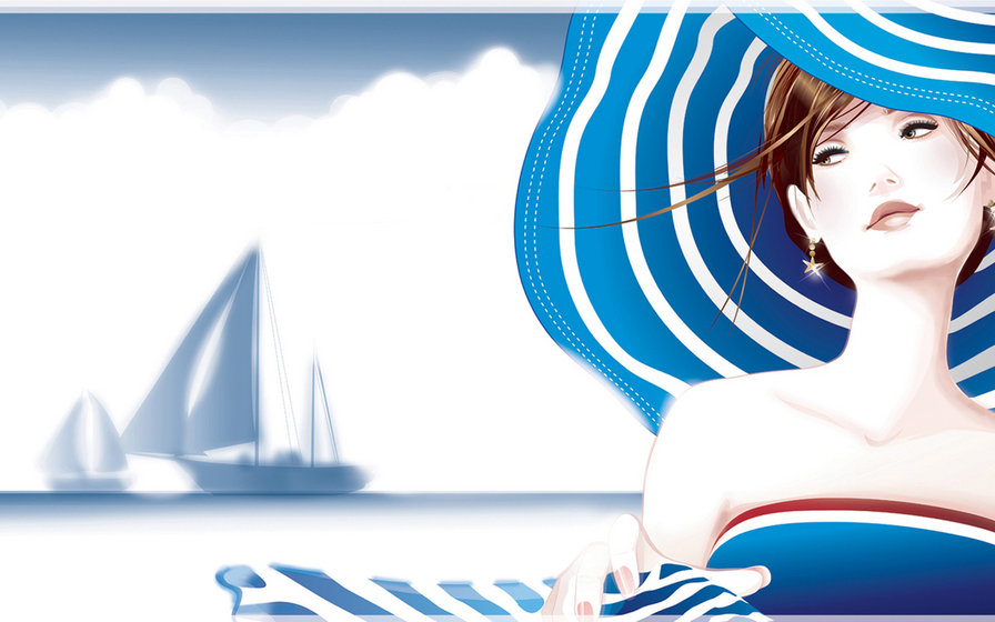 На пляже - девушка, море, корабль - оригинал