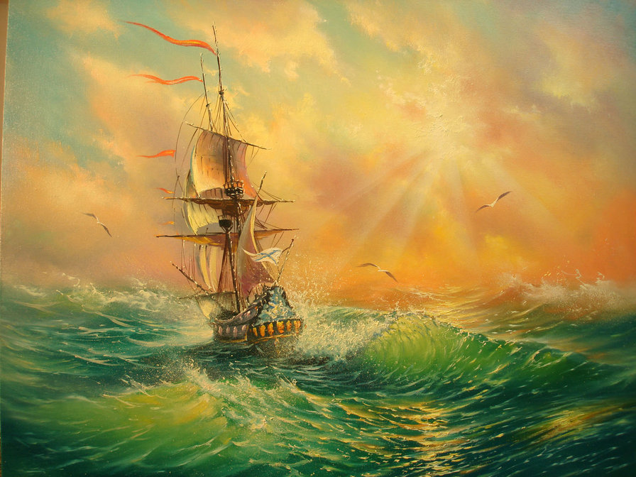 солнце в тумане - море, солнце, корабль - оригинал