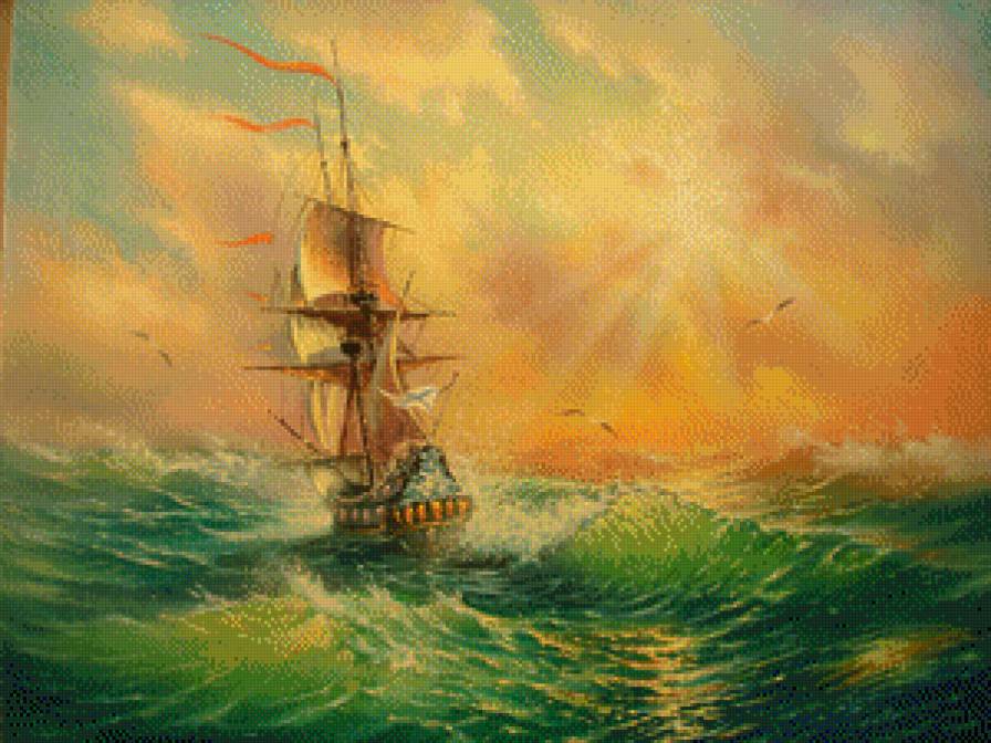 солнце в тумане - корабль, море, солнце - предпросмотр