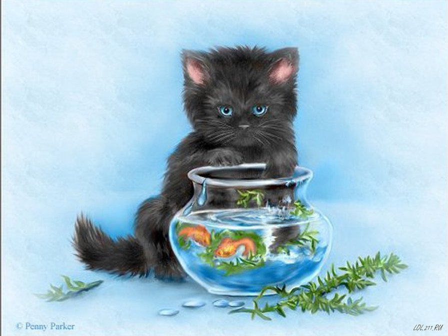 Ловись,рыбка,большая и маленькая! - коты, юмор, приколы, рыбки, животные - оригинал