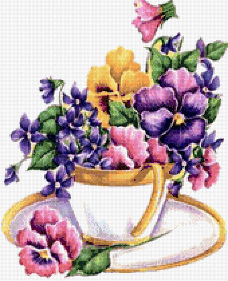 Весенний букет - фиалки, фарфор, чашечка, весна, букет, анютины глазки - предпросмотр