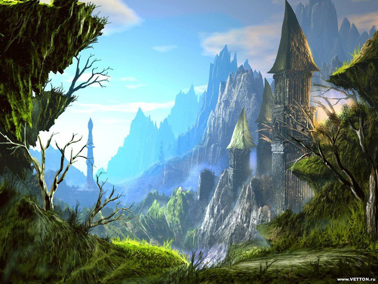 сказочные горы - лес, замок, горы - оригинал