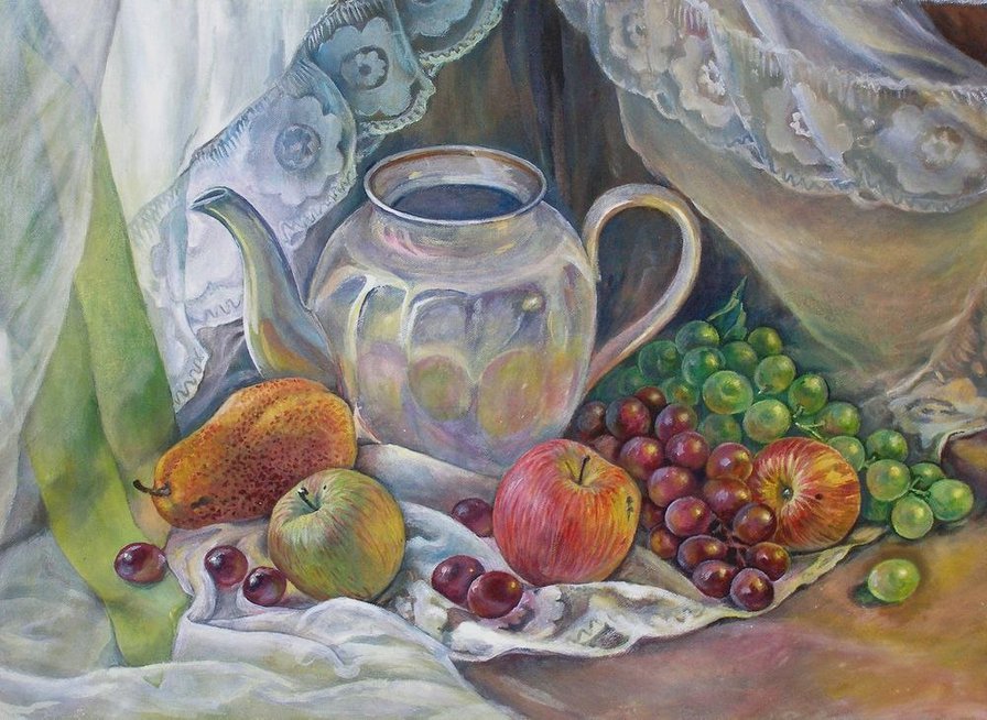 Натюрморт - натюрморт, живопись, чайник, фрукты - оригинал