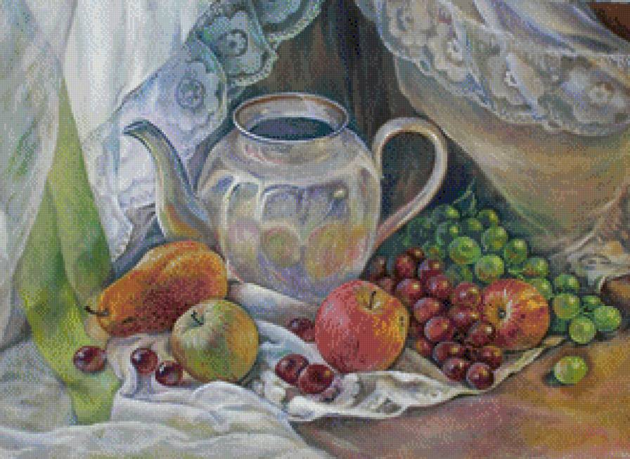 Натюрморт - живопись, фрукты, чайник, натюрморт - предпросмотр