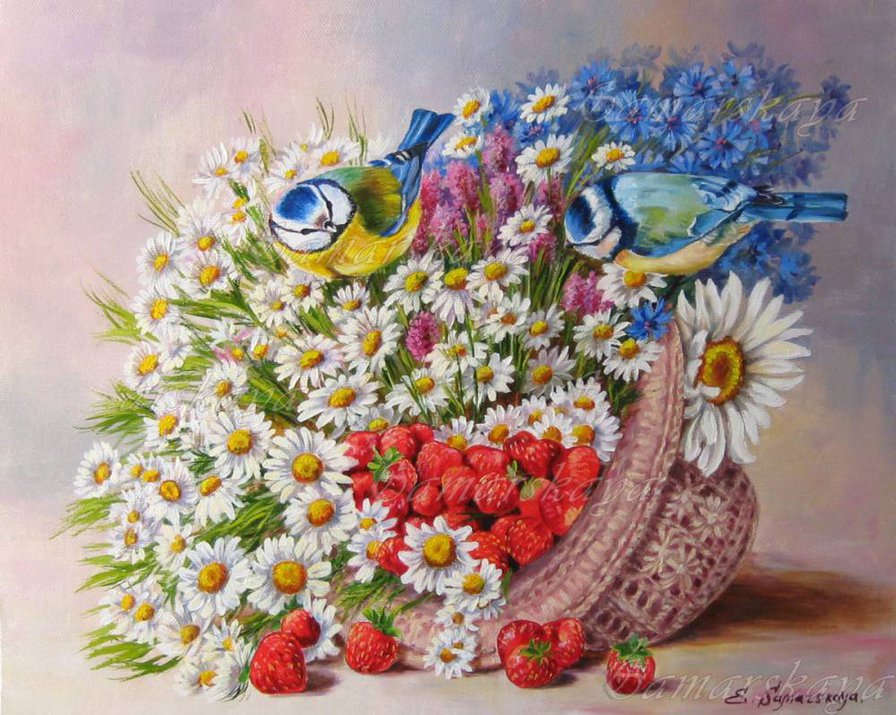 синички в ягодах и цветах - птицы, ягоды, синицы, цветы - оригинал