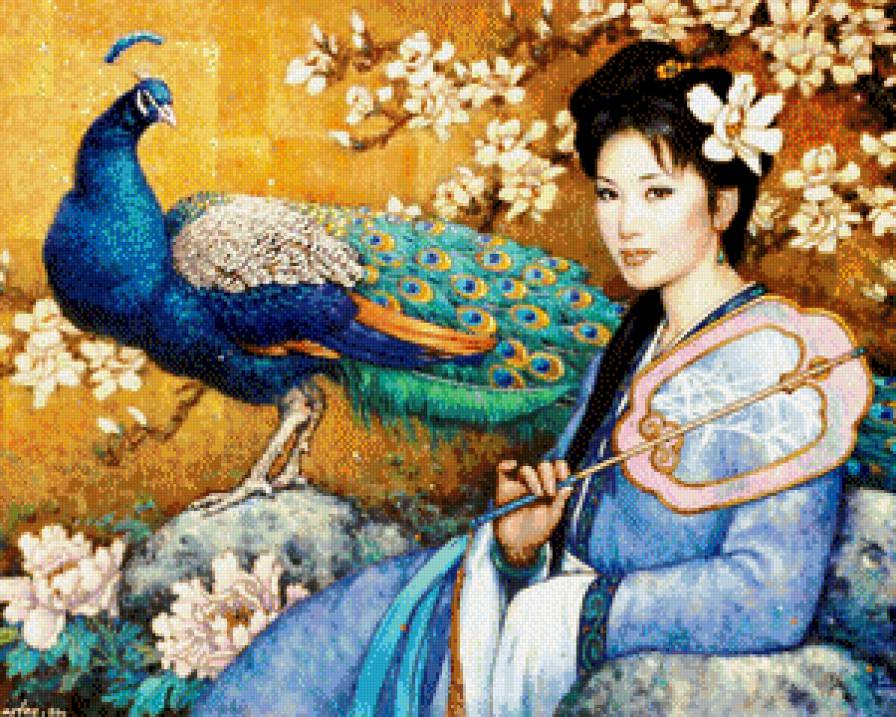 японка с павлином - павлины, женщины, птицы, животные - предпросмотр