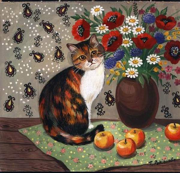 Натюрморт с котом - цветы, животные, коты, натюрморт - оригинал
