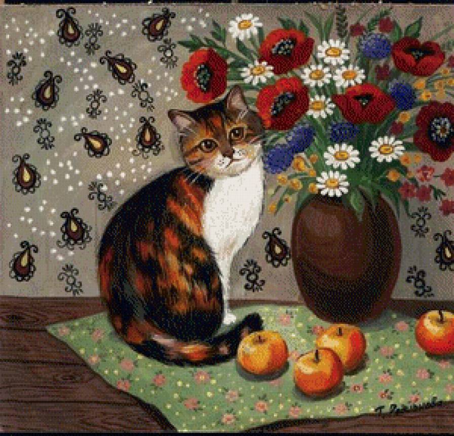Натюрморт с котом - цветы, коты, животные, натюрморт - предпросмотр