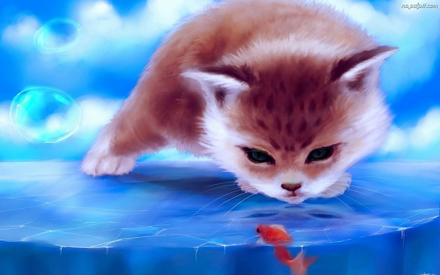 Котик с рыбкой - коты, животные, рыбка - оригинал