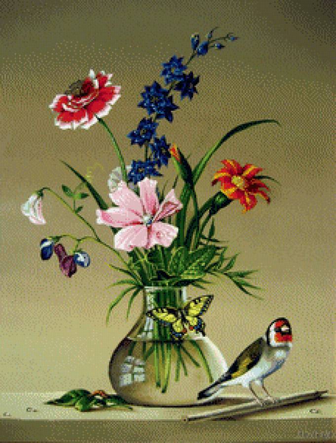 Натюрморт с птичкой - натюрморт, птицы, цветы - предпросмотр