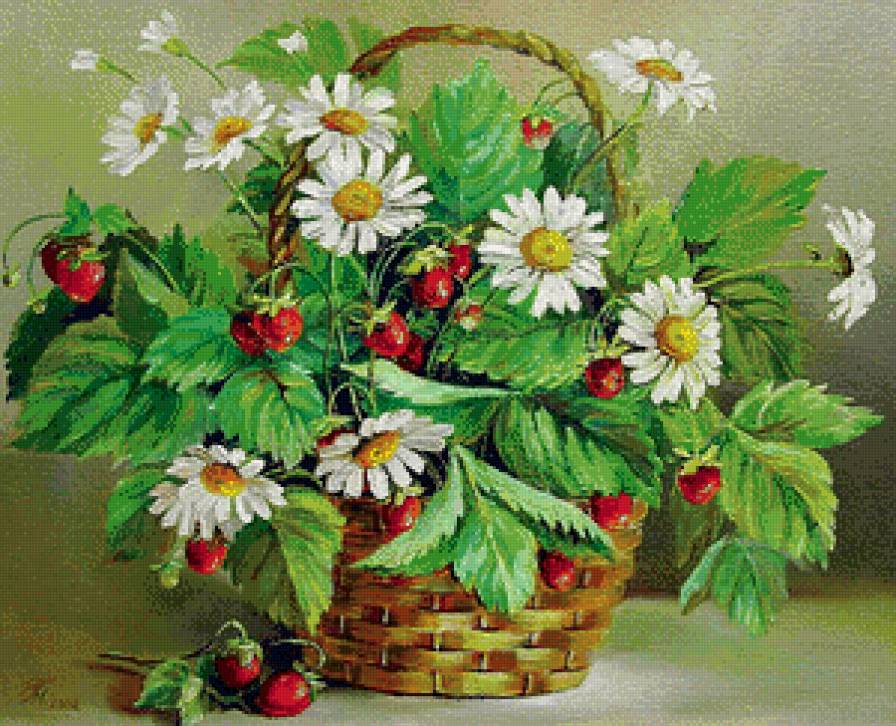 Ромашки и земляника - ромашки, ягоды, корзинка, цветы - предпросмотр