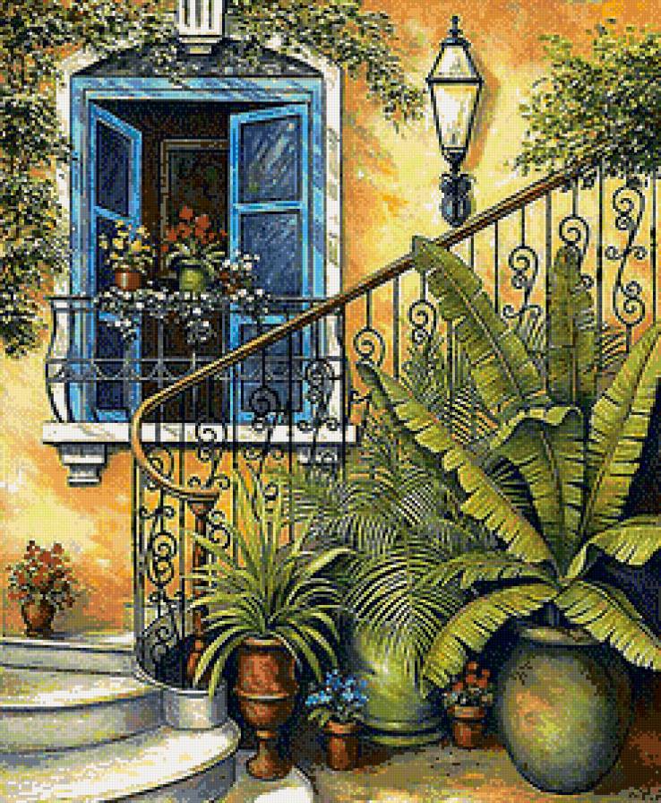 Солнечный дворик - цветы, дом, дворик - предпросмотр