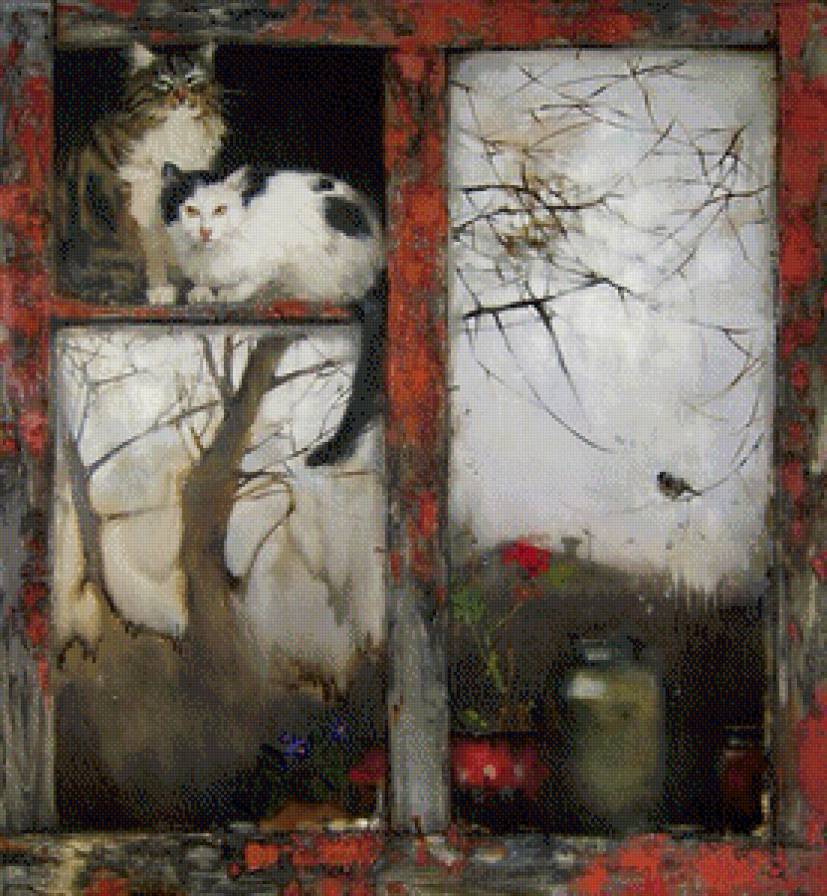Мария Чепелева - живопись, окно, кошки - предпросмотр