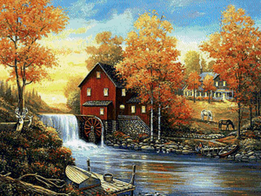 Мельница - осень, мельница, река, пейзаж - предпросмотр