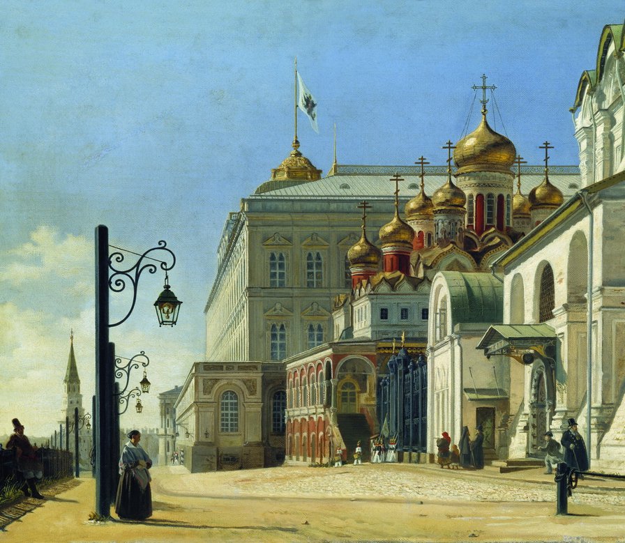 ВИД В КРЕМЛЕ - АРХАНГЕЛЬСКИЙ И БЛАГОВЕЩЕНСКИЙ СОБОРЫ, 1850 ГОД - фонарь, собор, люди, кремль, церковь, дорога - оригинал
