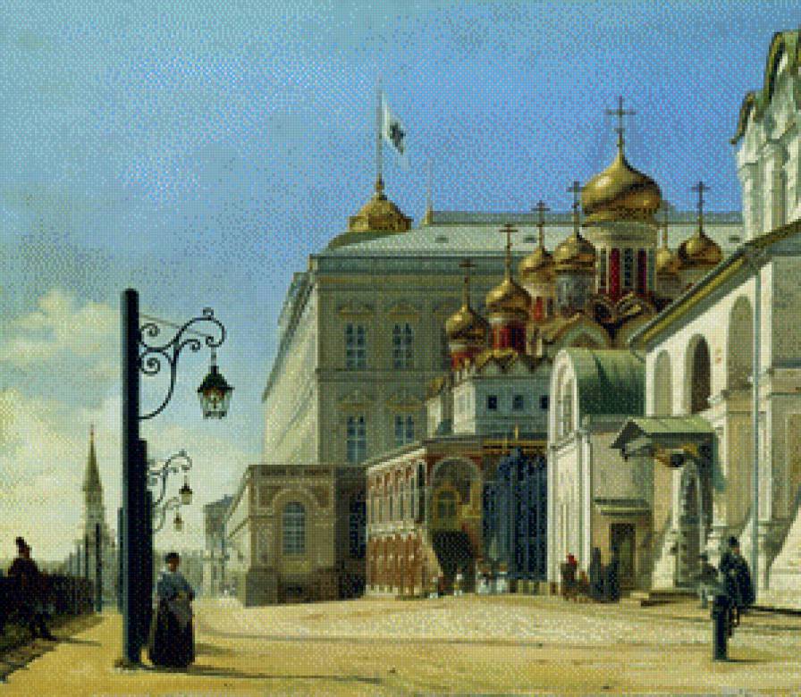 ВИД В КРЕМЛЕ - АРХАНГЕЛЬСКИЙ И БЛАГОВЕЩЕНСКИЙ СОБОРЫ, 1850 ГОД - собор, люди, фонарь, кремль, дорога, церковь - предпросмотр