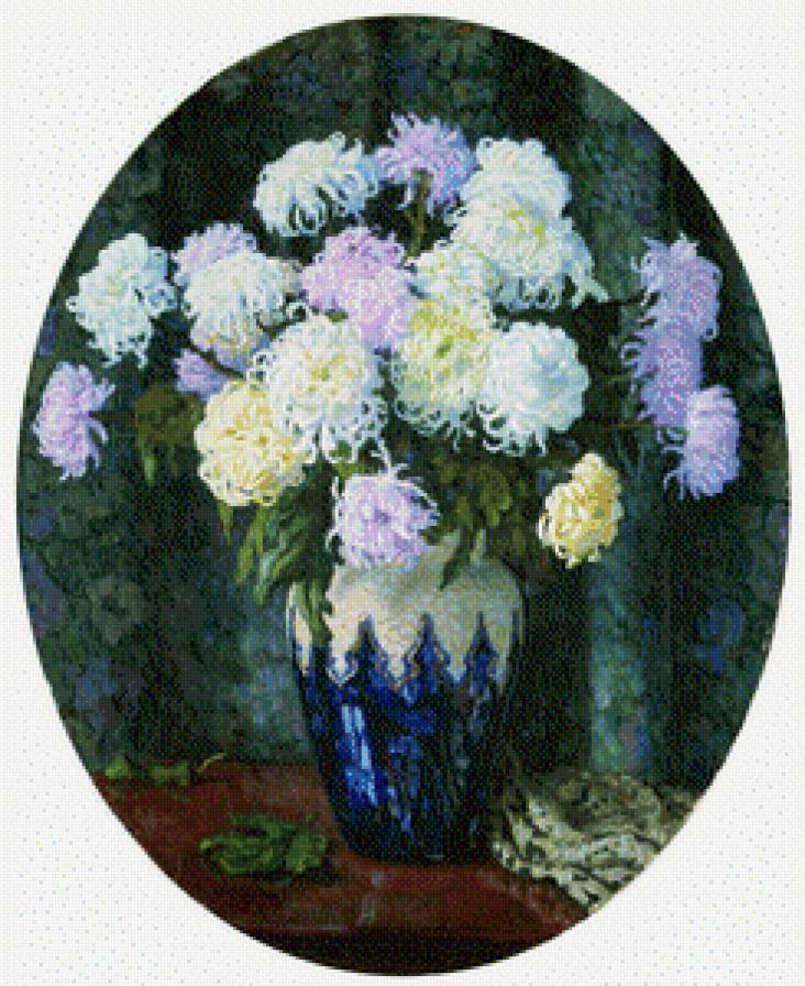 СЕРИЯ "БУКЕТЫ". ВАЗА С ХРИЗАНТЕМАМИ - скатерть, натюрморт, ваза, стол, хризантемы - предпросмотр