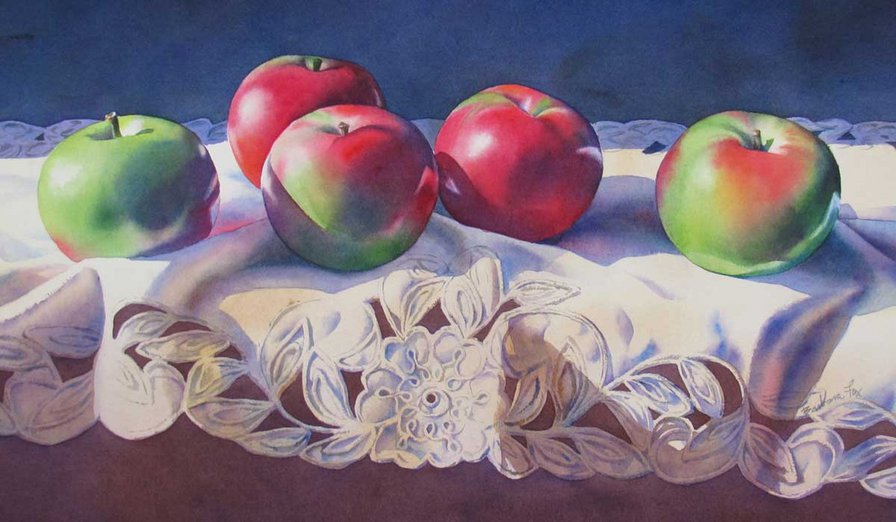 Яблоки - живопись, натюрморт, фрукты, яблоки, акварель - оригинал