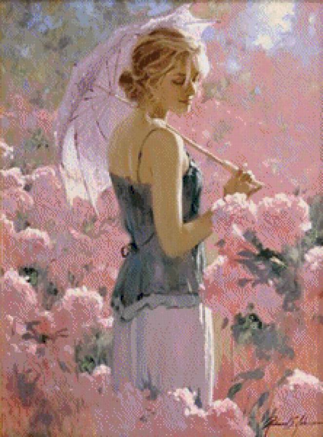Розовое настроение - живопись, девушка, цветы - предпросмотр