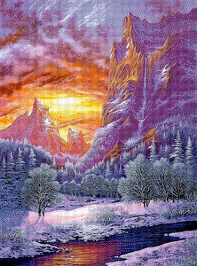 Зима в горах - зима, закат, елочки, пейзаж, горы, солнце - предпросмотр