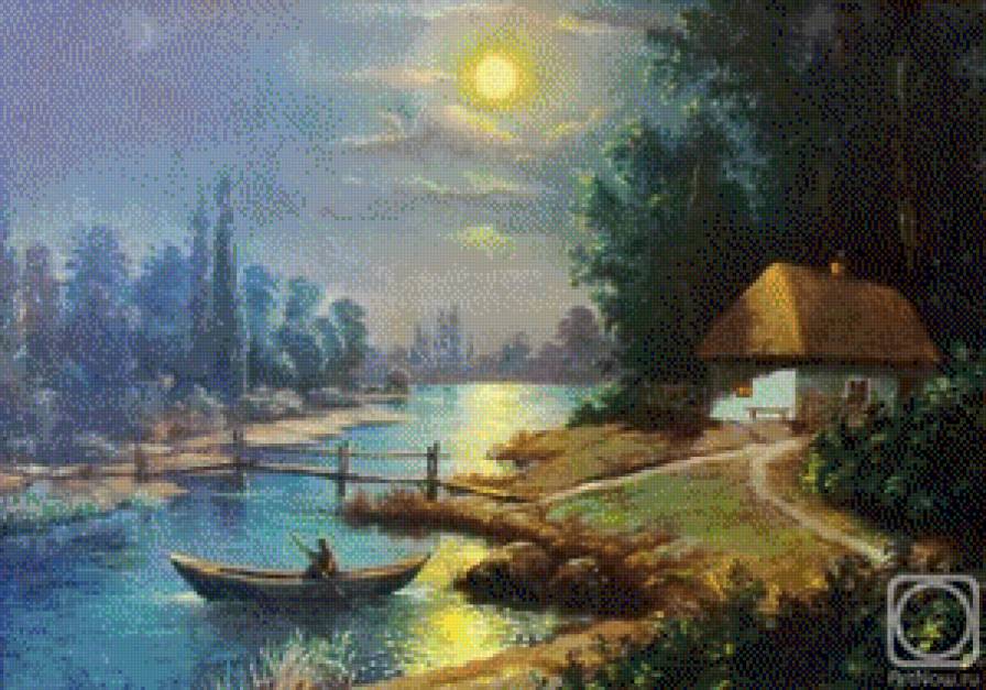 лунная ночь - луна, река, пейзаж, ночь - предпросмотр