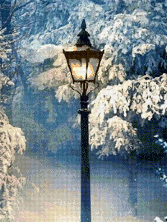 Фонарь - фонарь, зима, вечер, снег, лес - предпросмотр