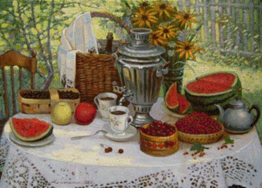 Август. На веранде - самовар, лето, натюрморт - предпросмотр